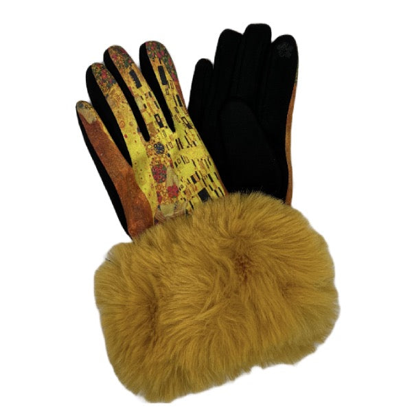 Fur Trimmed Art Design Touch Screen Gloves