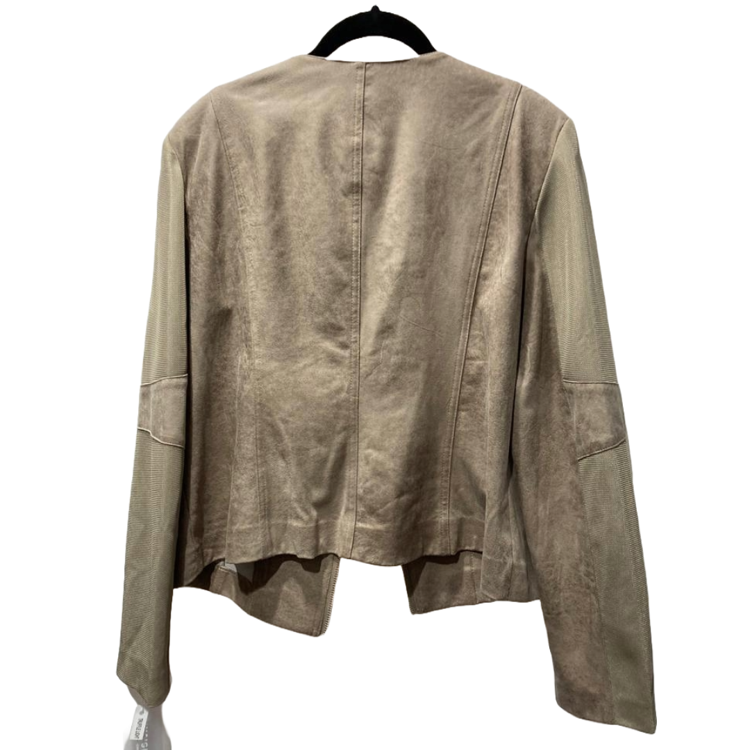 Taupe Vegan Leather Jacket With Mesh Sleeve Detail