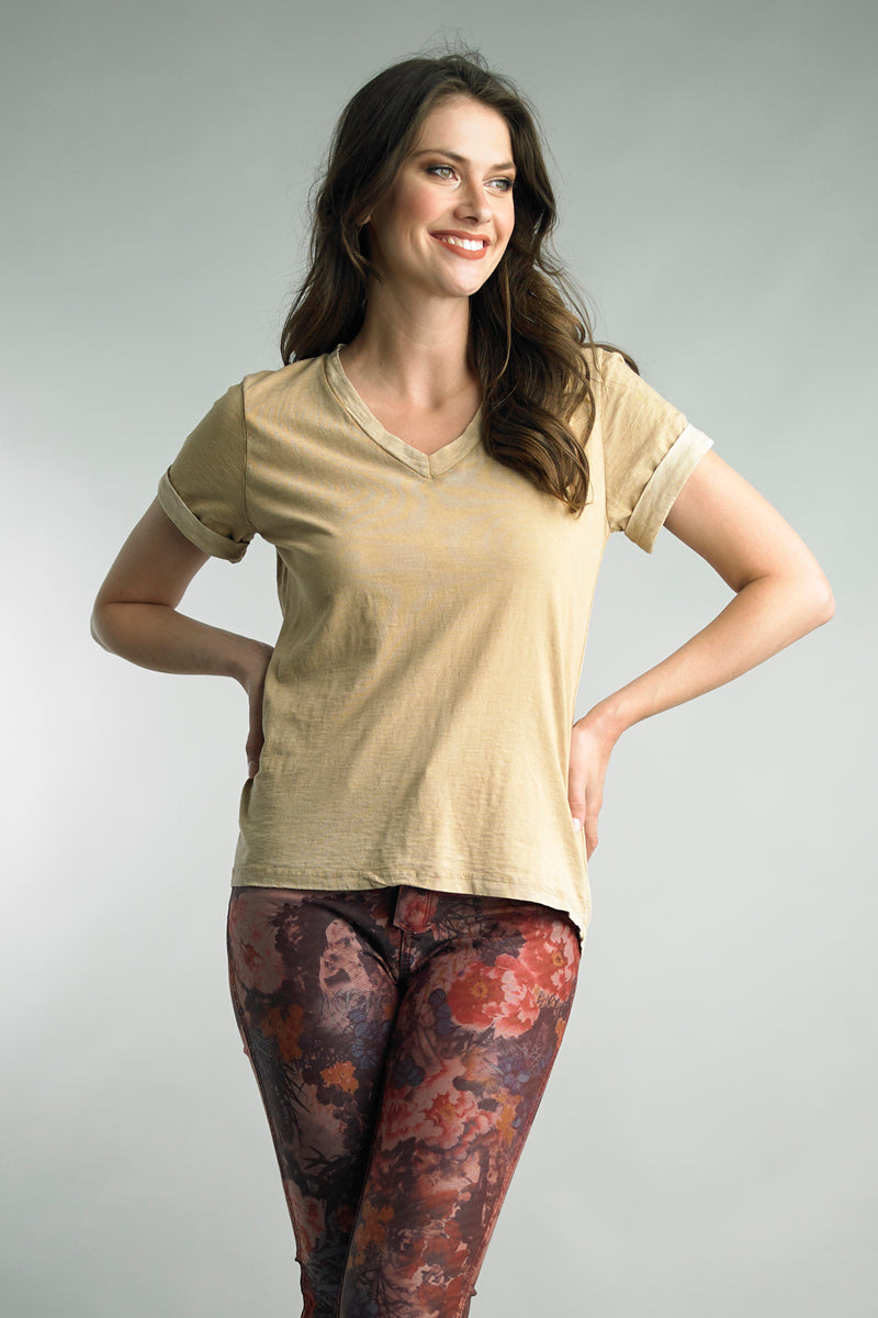 V-Neck Cuff Short Sleeve Italian Cotton Tee