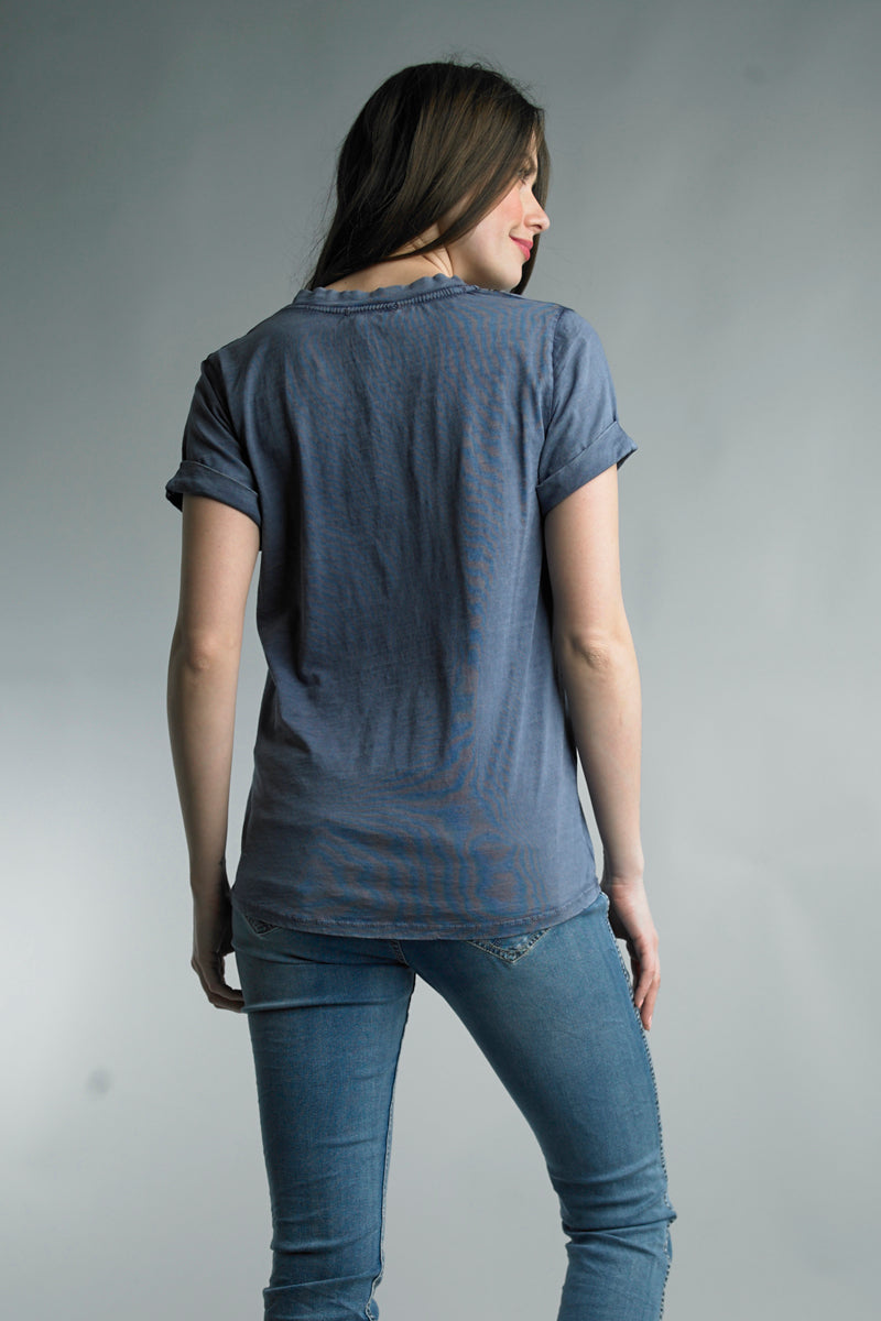 V-Neck Cuff Short Sleeve Italian Cotton Tee