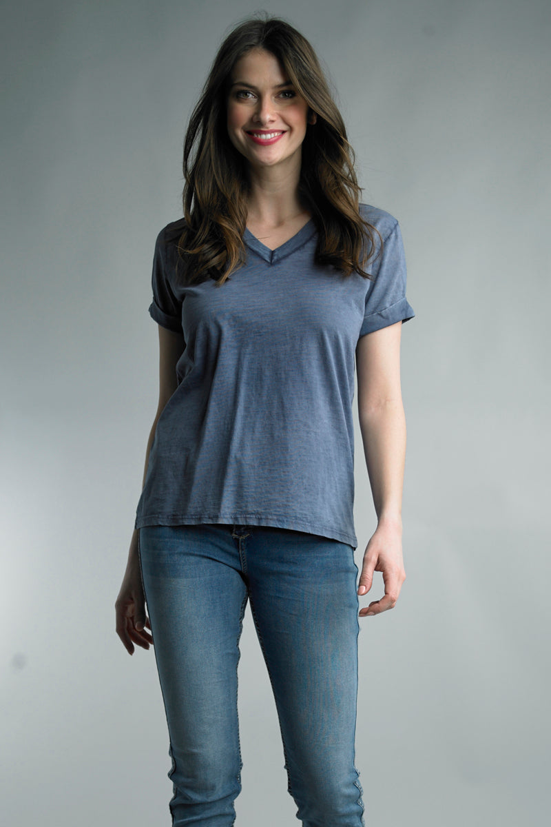 V-Neck Cuff Short Sleeve Italian Cotton Tee