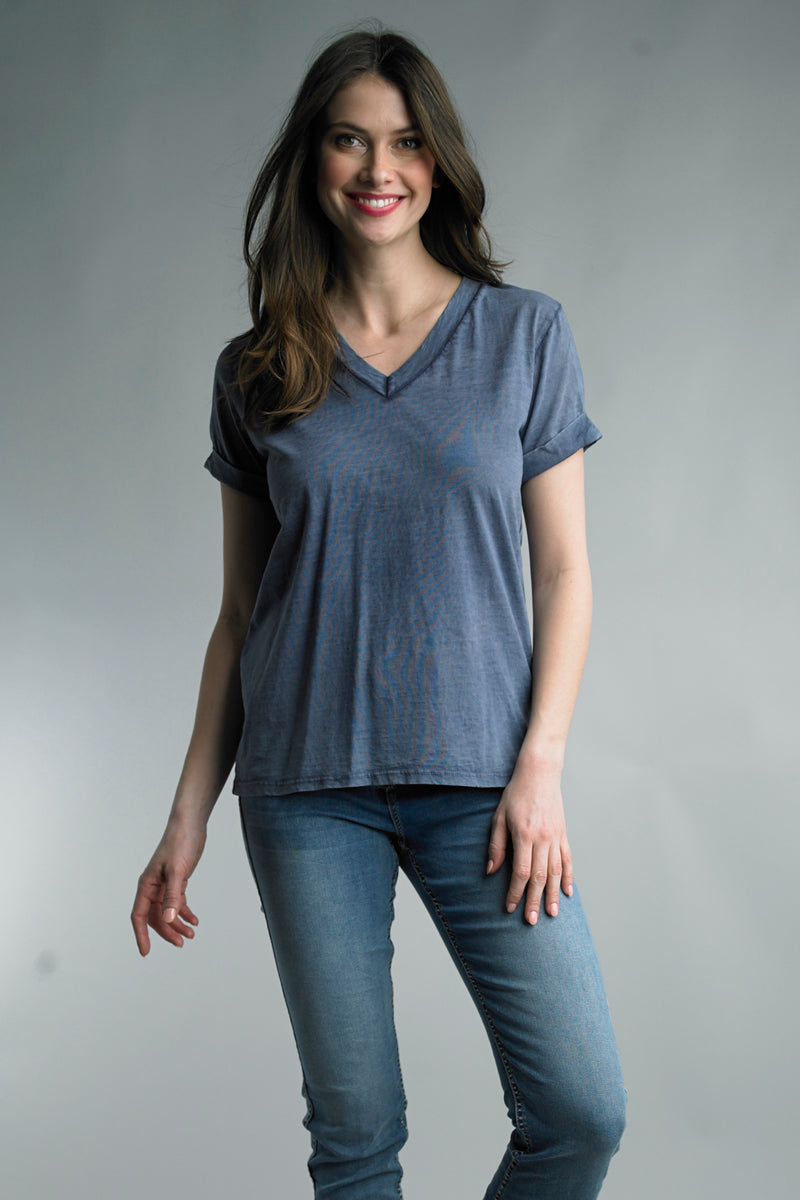 V-Neck Cuff Short Sleeve Italian Cotton Tee