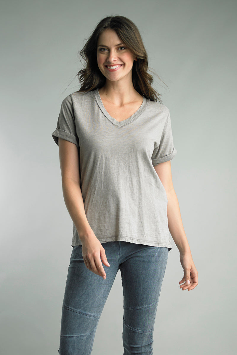 V-Neck Cuff Short Sleeve Italian Cotton Tee