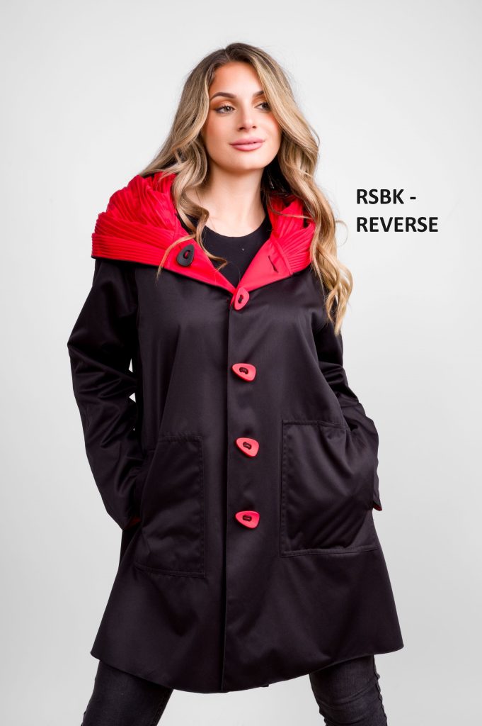Reversible Red & Black Button Coat With Pleated Hood