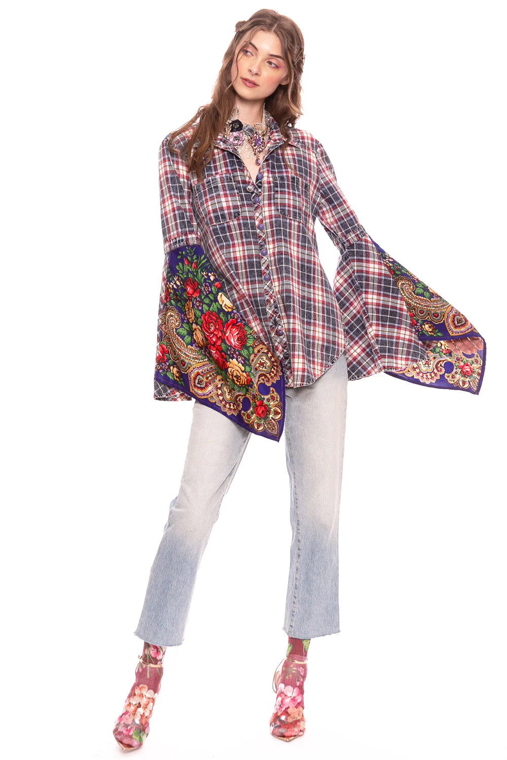 Floral Plaid Contrasting Bell Sleeve Shirt