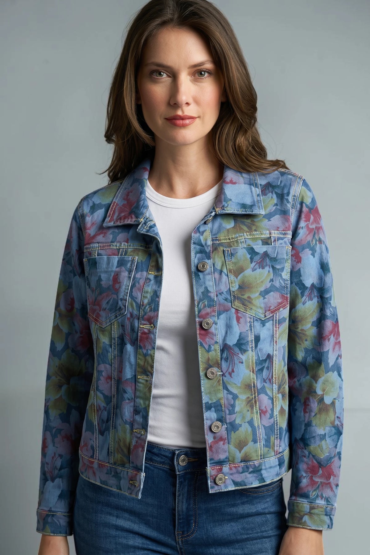 Muted-Tone Lily Print / Denim Reversible Jacket