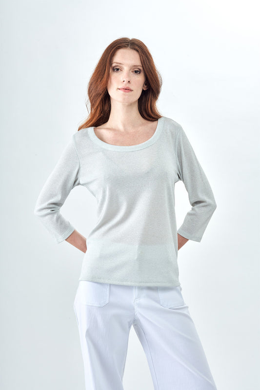 Round Neck Metallic 3/4 Sleeve Top in Gold or Silver