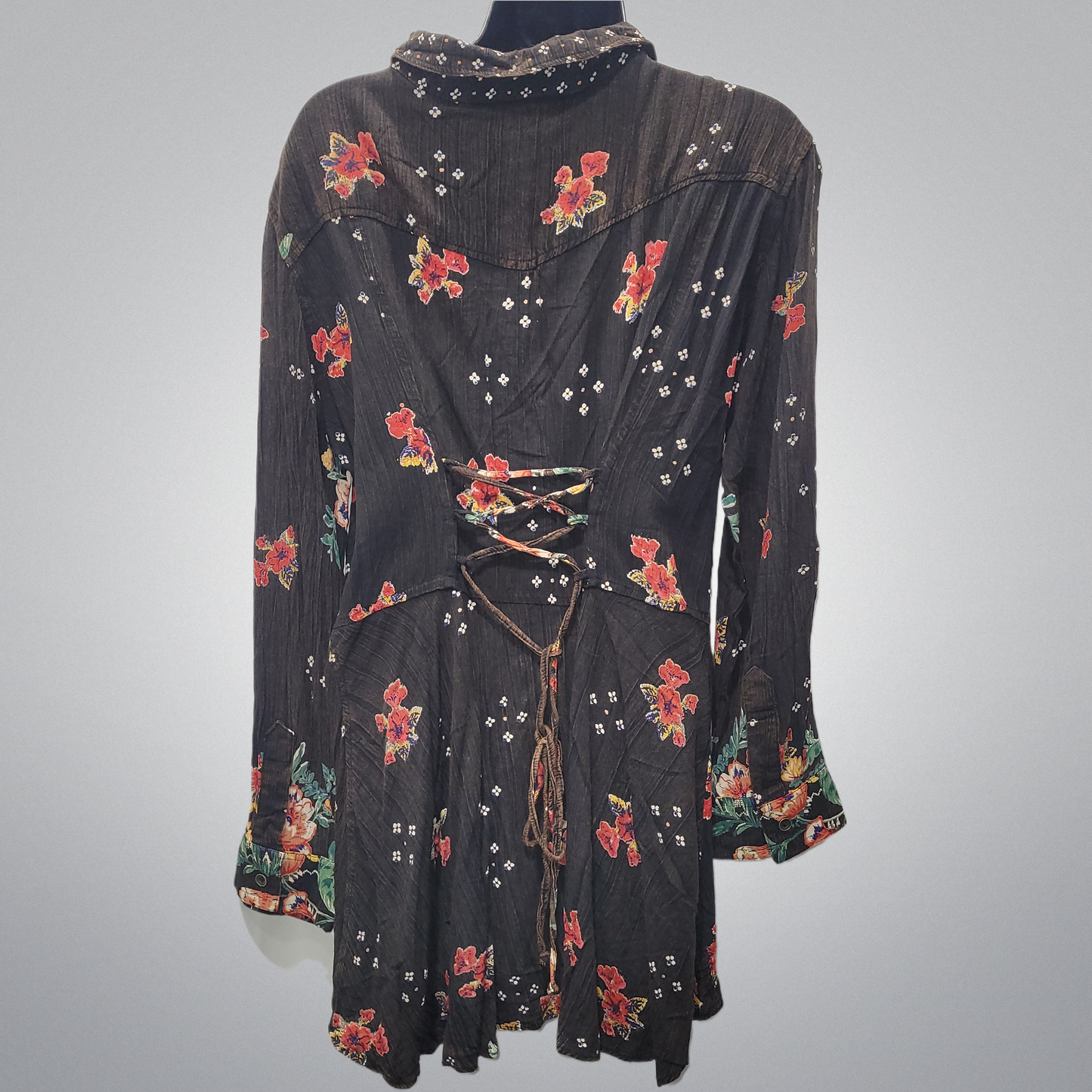 Lace Up Back Black Floral Print Shirt