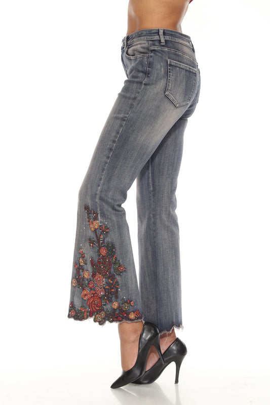 Scallop Bling Embroidered Flare Jeans