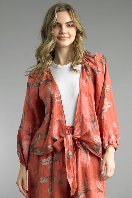 Floral Tie-Front Linen Shirt