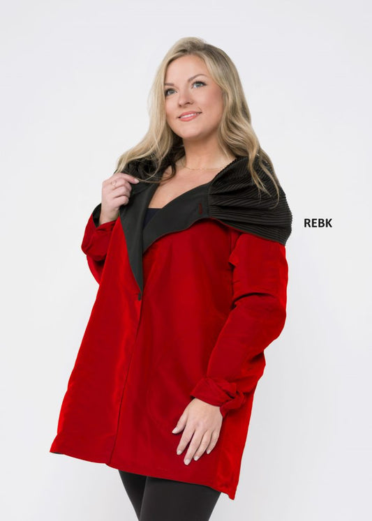 Reversible Red A-Line Jacket With Pleated Hood
