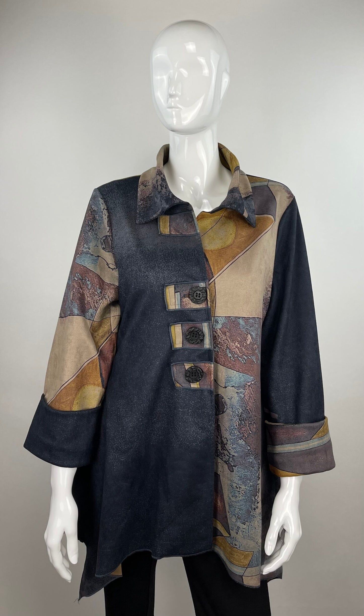 Coat With Combined Patterned And Plain Design
