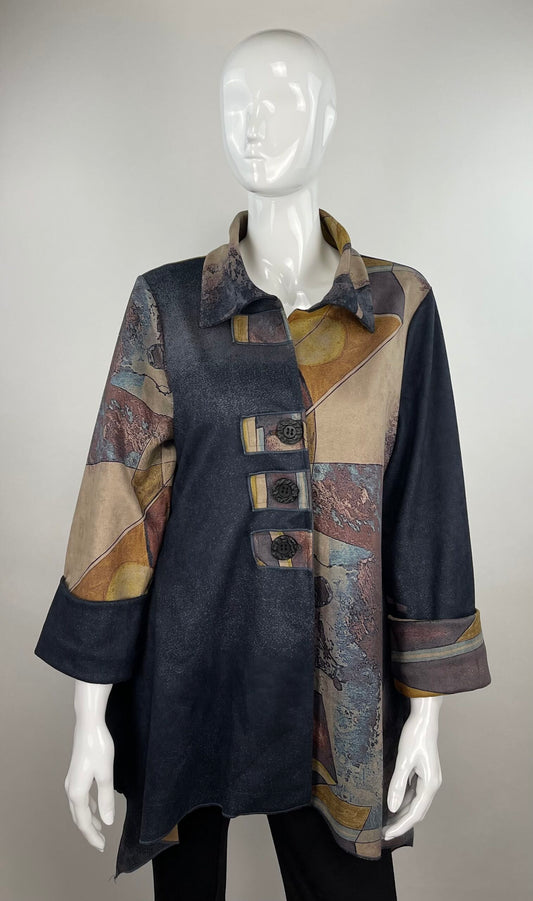 Coat With Combined Patterned And Plain Design