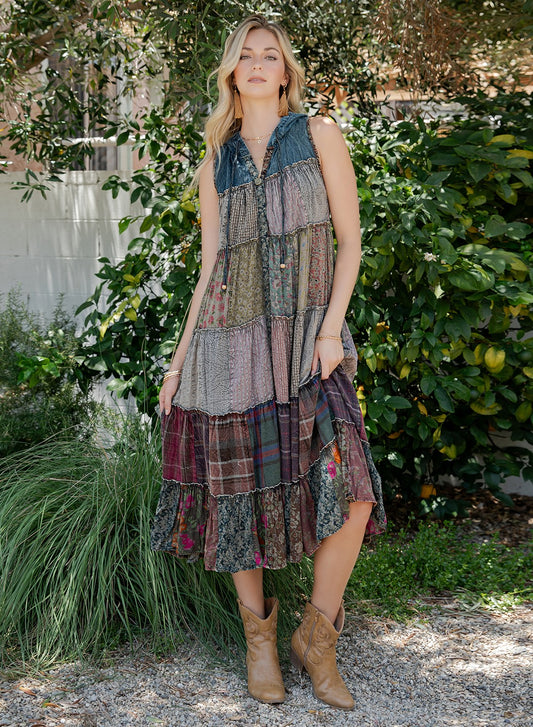 Bohemian Tiered Sleeveless Midi Dress