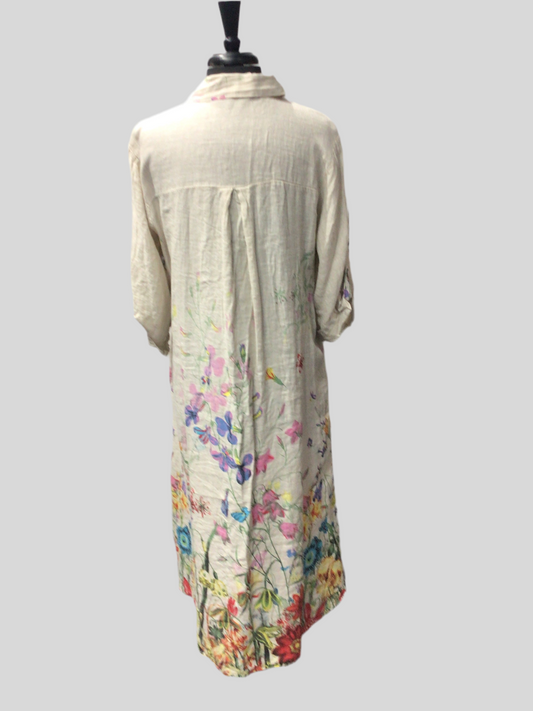 Italian Falling-Floral Linen Dress