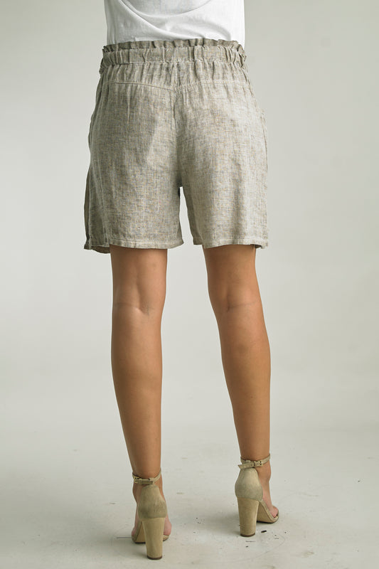 Elastic Waist Linen Shorts With Side Button Detail