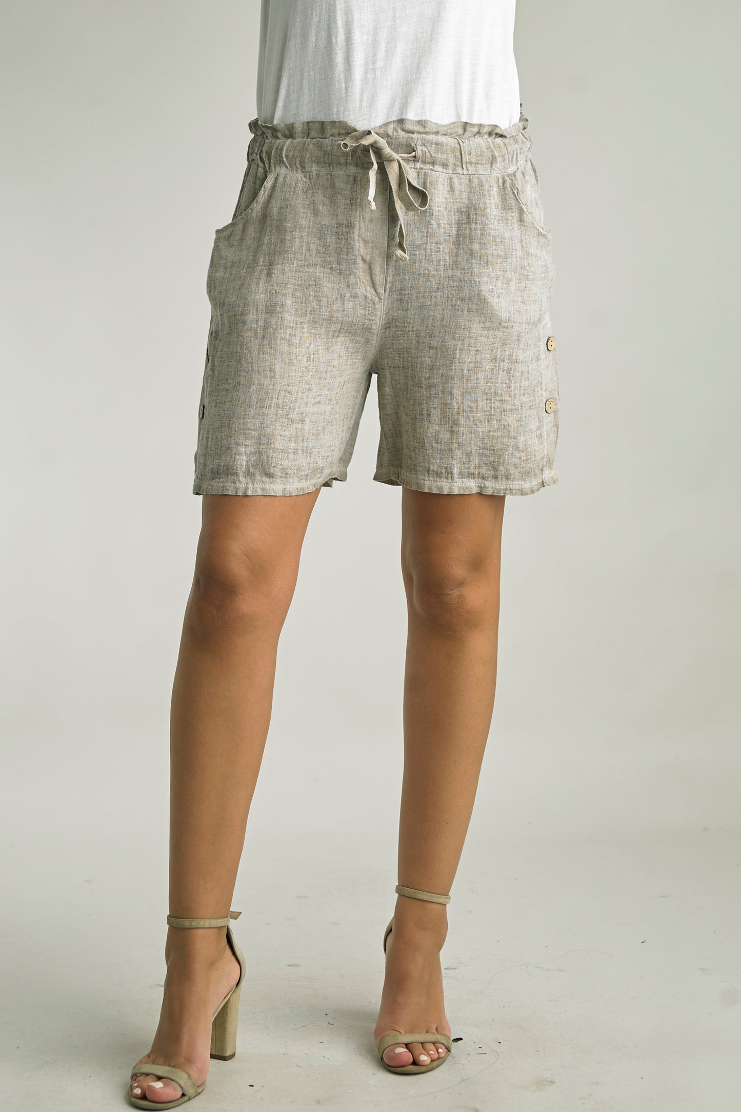 Elastic Waist Linen Shorts With Side Button Detail