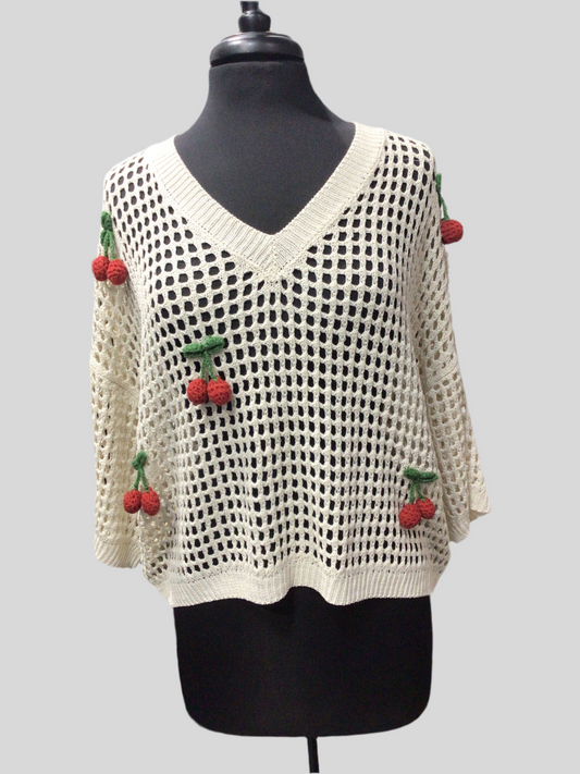 Crochet Open-Knit Top with 3-D Cherries