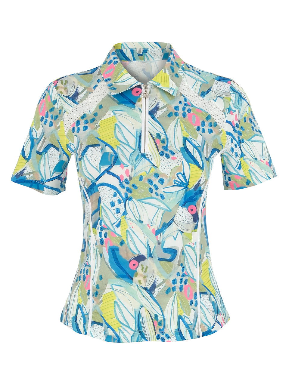 Vibrant Leaf Print Zip Polo - Sportswear (Golf/Tennis/Pickleball)