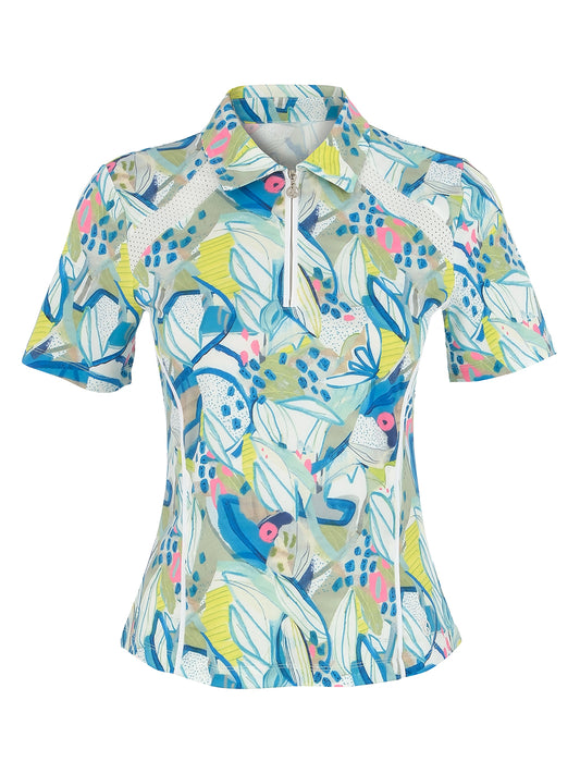 Vibrant Leaf Print Zip Polo - Sportswear (Golf/Tennis/Pickleball)