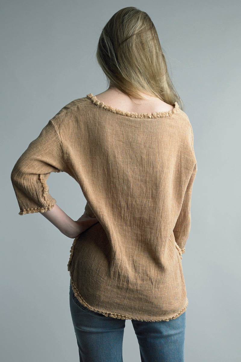 Tassel Trimmed 3/4 Sleeve Linen Top