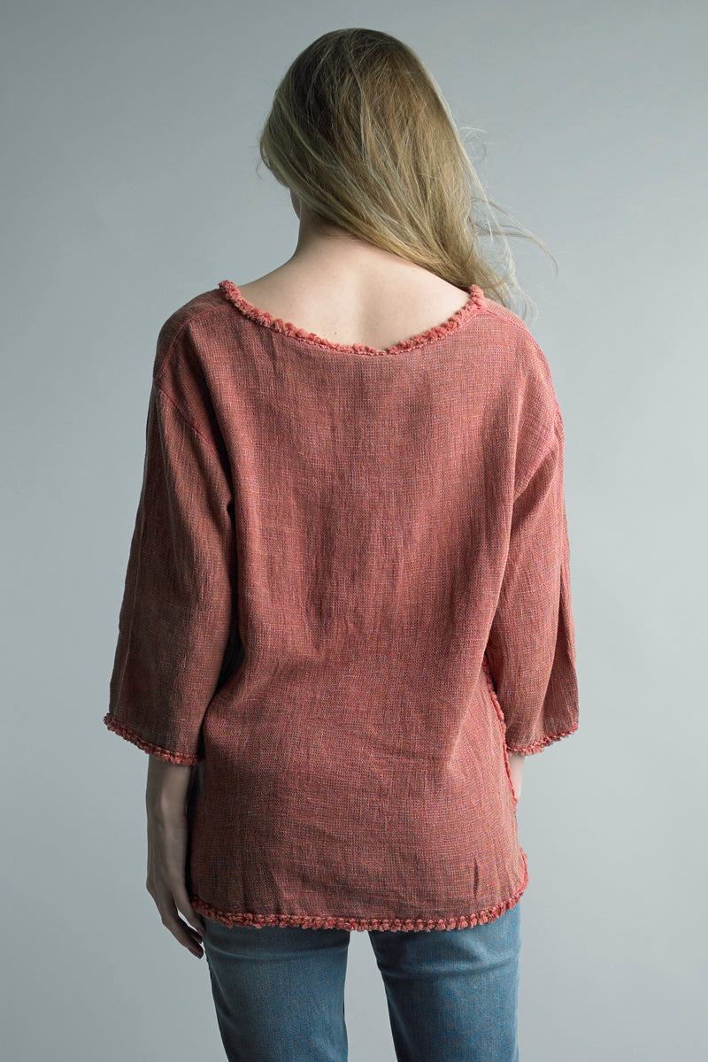 Tassel Trimmed 3/4 Sleeve Linen Top