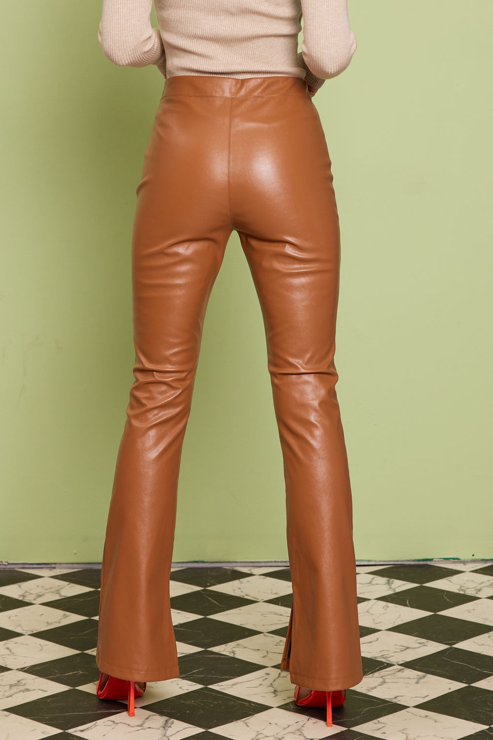 Camel Brown Leather Pant with Side Slid Cut