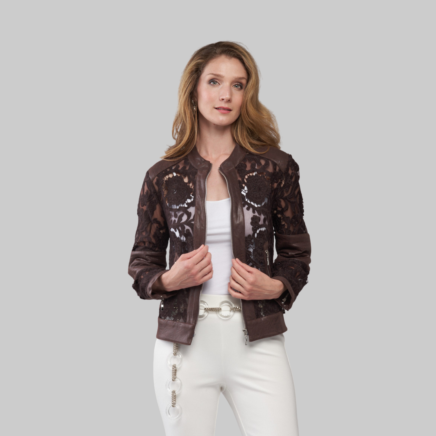 Brocade Lace Vegan Leather Jacket