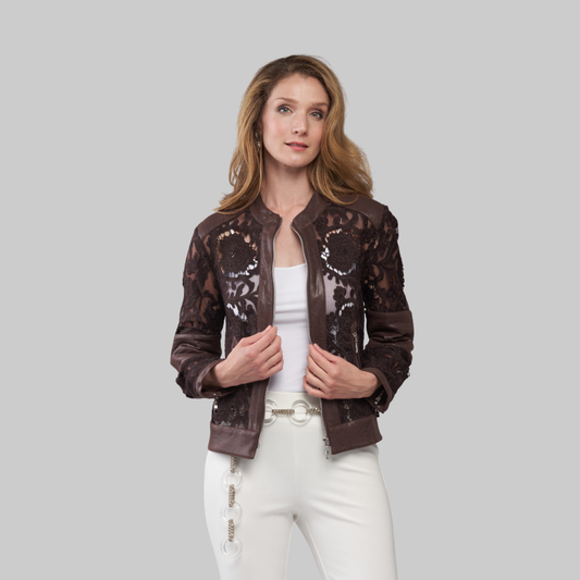 Brocade Lace Vegan Leather Jacket