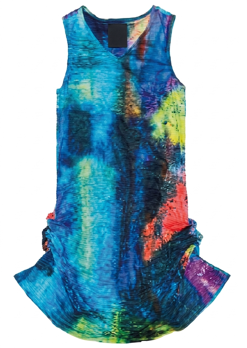 Abstract Print Crinkle V-Neck Dress with Adjustable Hem