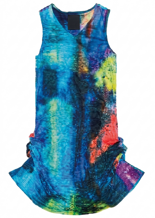 Abstract Print Crinkle V-Neck Dress with Adjustable Hem