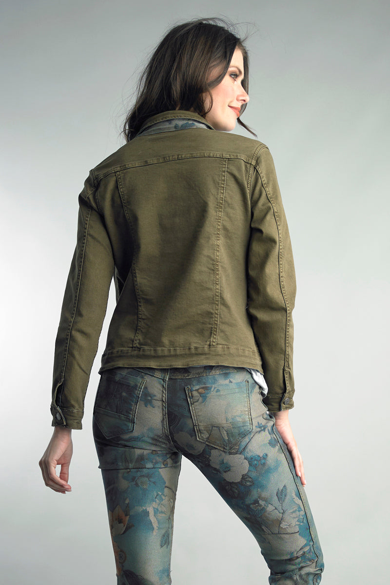 Teal Floral and Solid Olive Reversible Jean Jacket