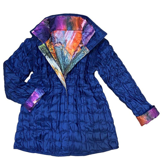 Reversible Navy Crinkle Coat With Artist Print Lining