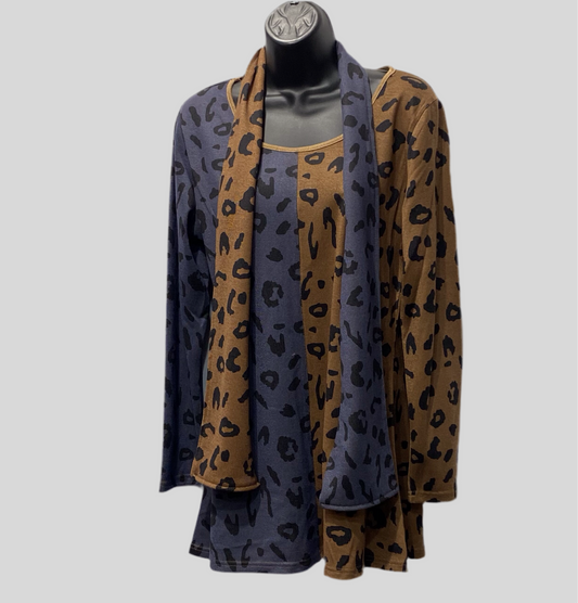 Dual Color Cheetah Print Top With Scarf