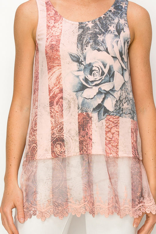 Americana Rose Print Tank with Lace Hem