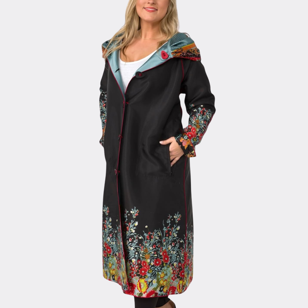 Floral Jacquard & Solid Reversible Below-Knee Rain Coat