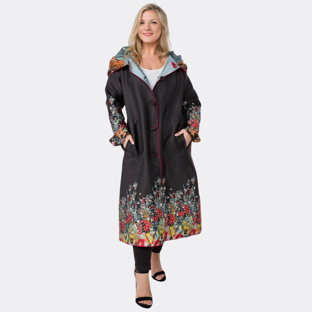 Floral Jacquard & Solid Reversible Below-Knee Rain Coat