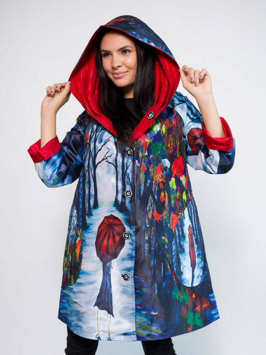 Reversible Art Print Coat With Pleated Hood – Red Umbrella Design