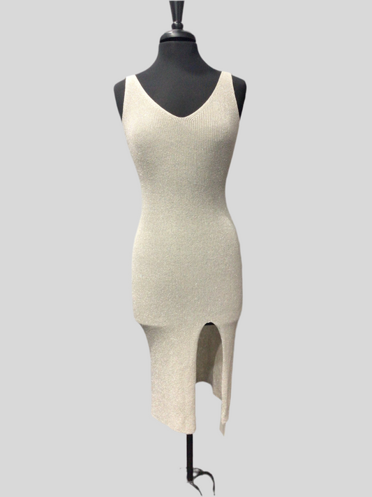 Sleeveless Metallic Knit Dress with Slit