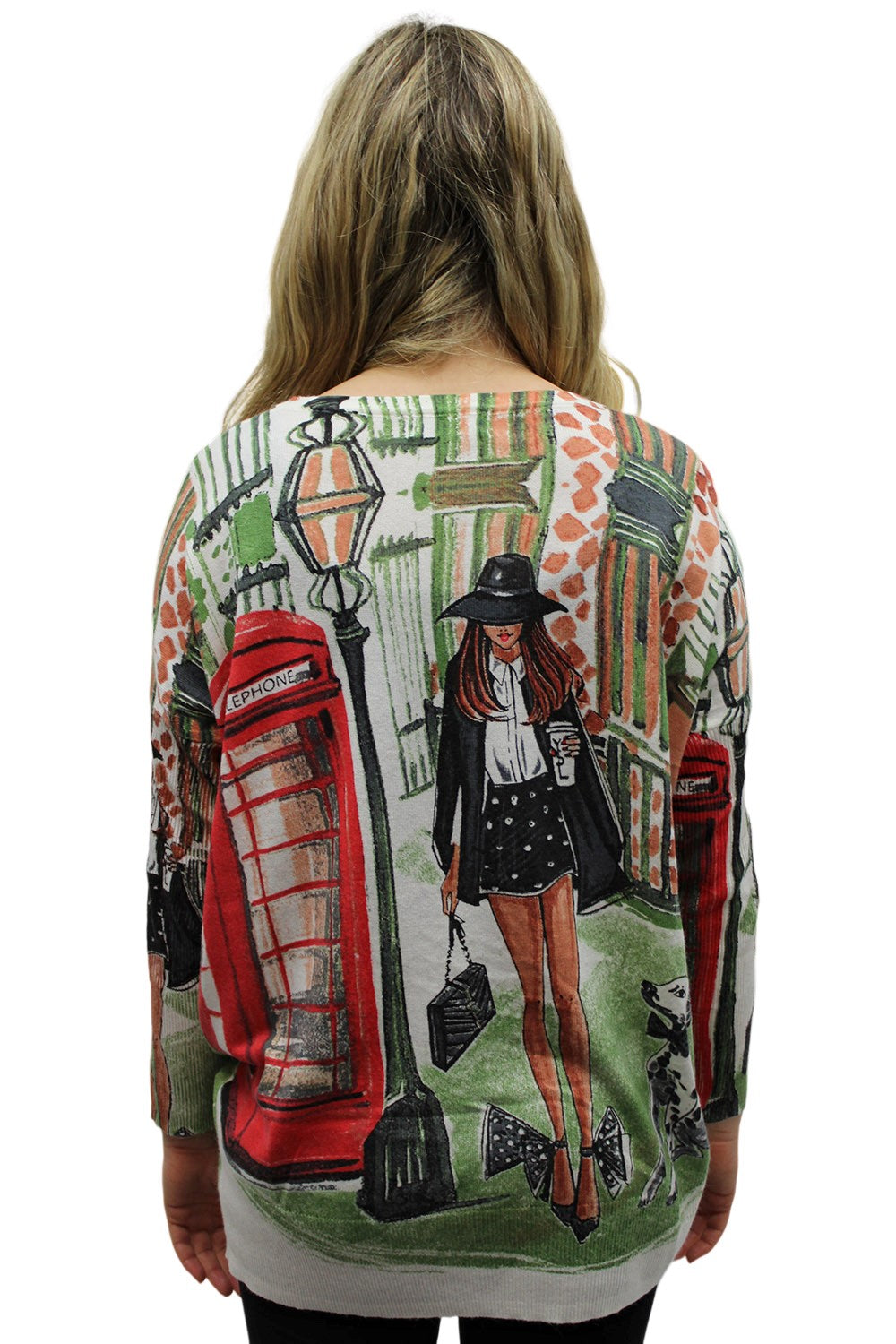 Fashion Lady With Telephone Box Print Sweater Top