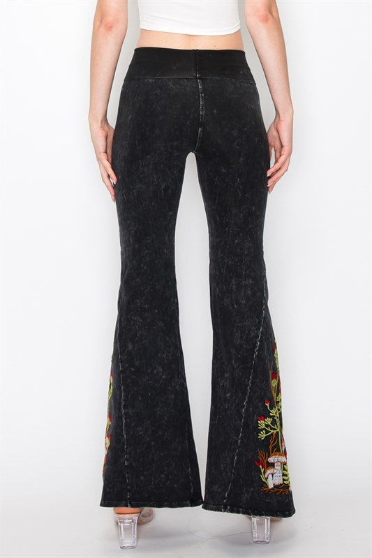 Mushroom Embroidered Bell Bottom Mineral Washed Pants