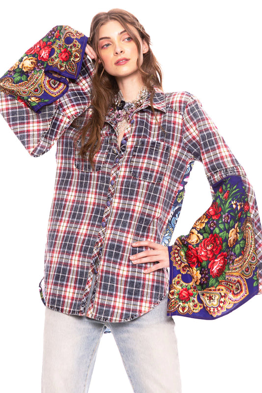 Floral Plaid Contrasting Bell Sleeve Shirt