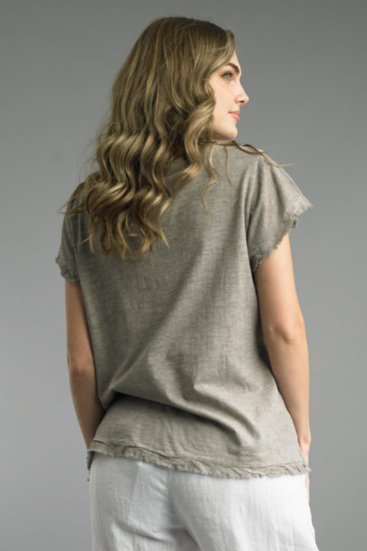 Frayed Edge Linen V-Neck Tee