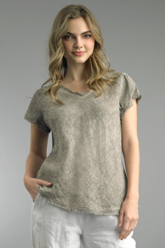 Frayed Edge Linen V-Neck Tee