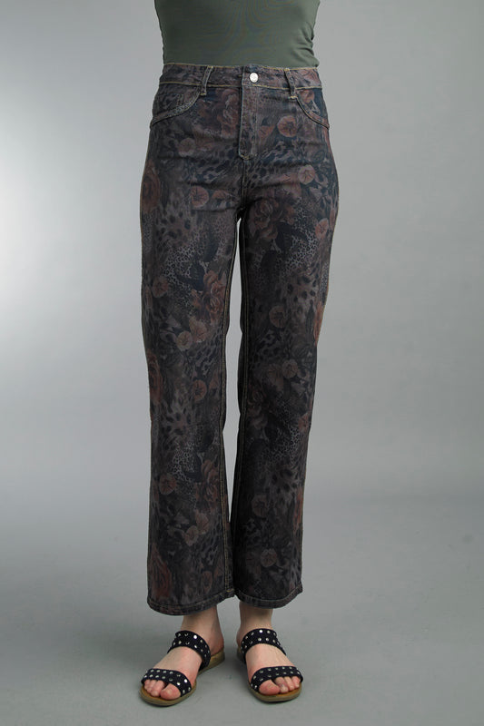 Leopard Rose Printed Wider Leg Reversible Jeans