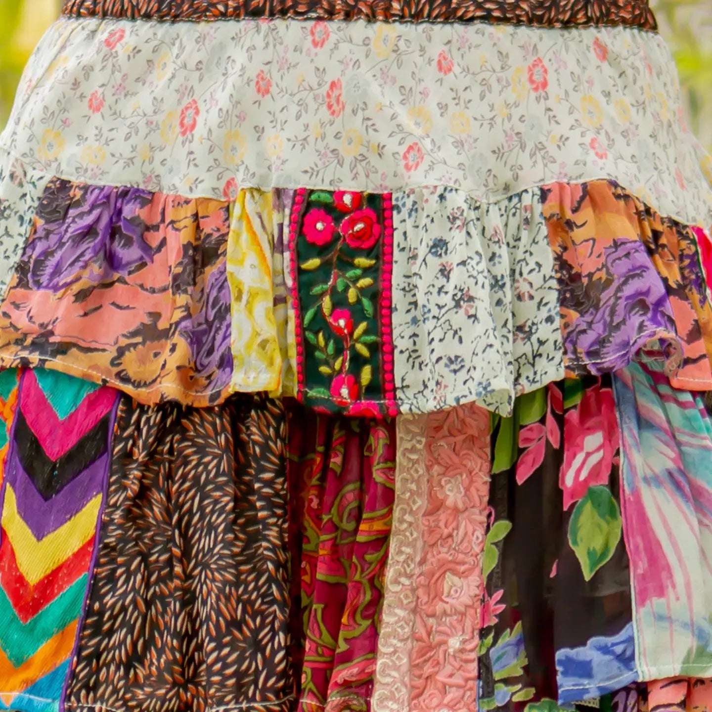 Patchwork Boho Ruffle Mini Skirt