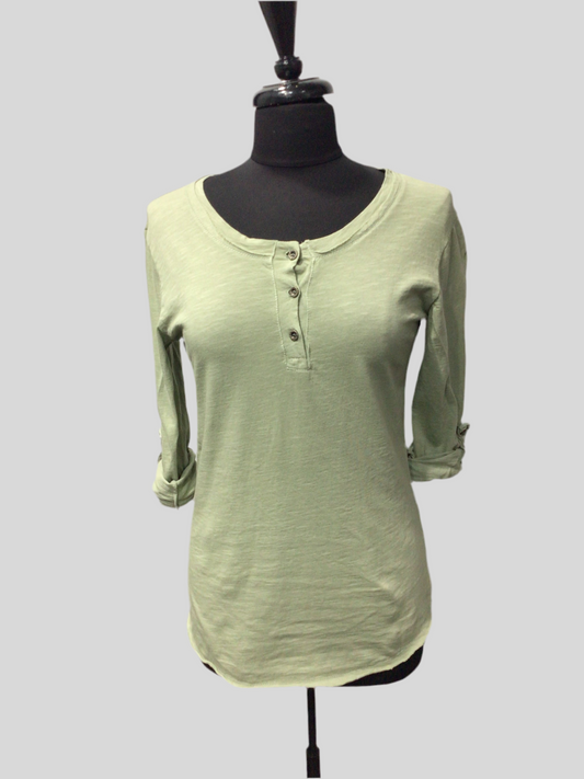 Cotton Roll Up Sleeve Khaki 3 Button Top