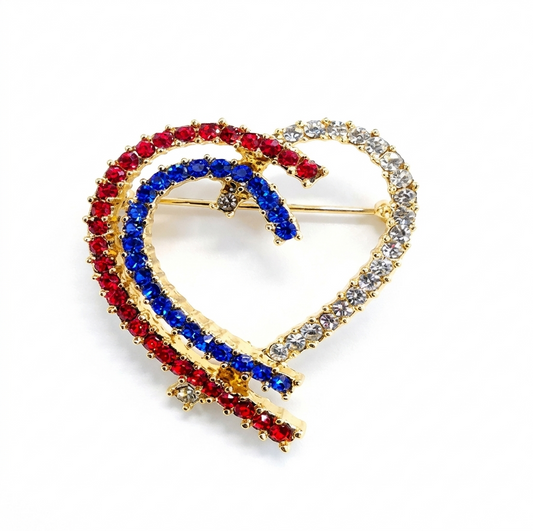 Red, White & Blue Double Heart Rhinestone Brooch