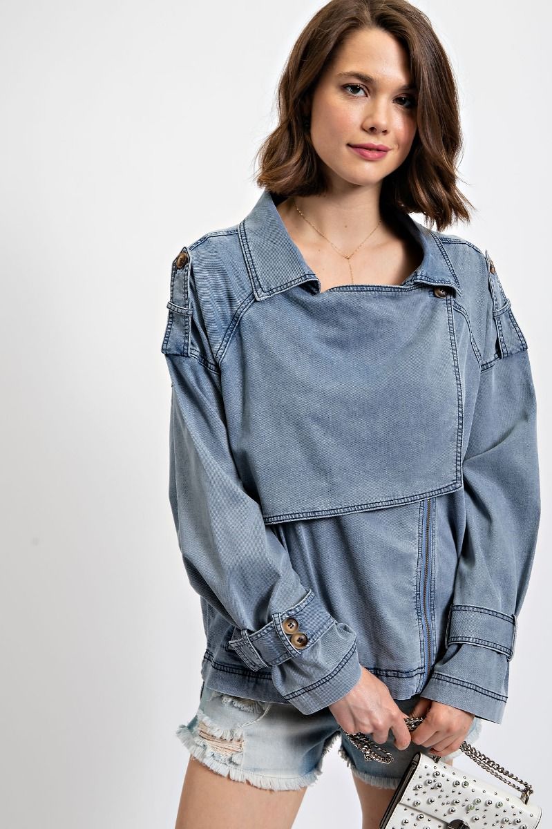 Washed Denim Zip Up Jacket