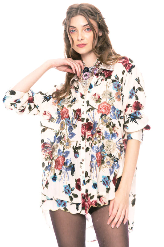 Embroidered Jewel Color Floral on Cream Shirt